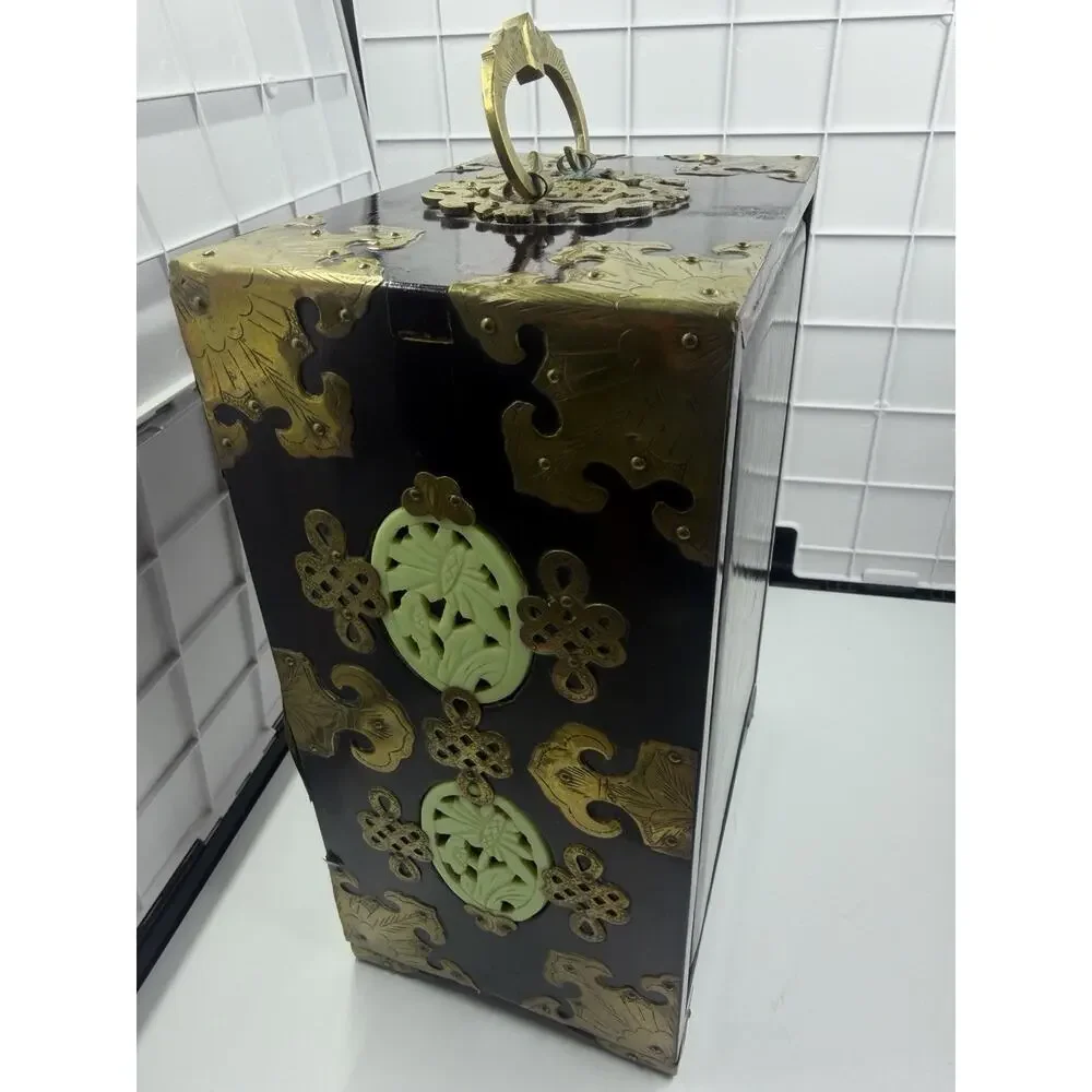 Stunning Antique Asian Jewelry Box w/ Ornate Brass, Chinese Carved Jade Inserts